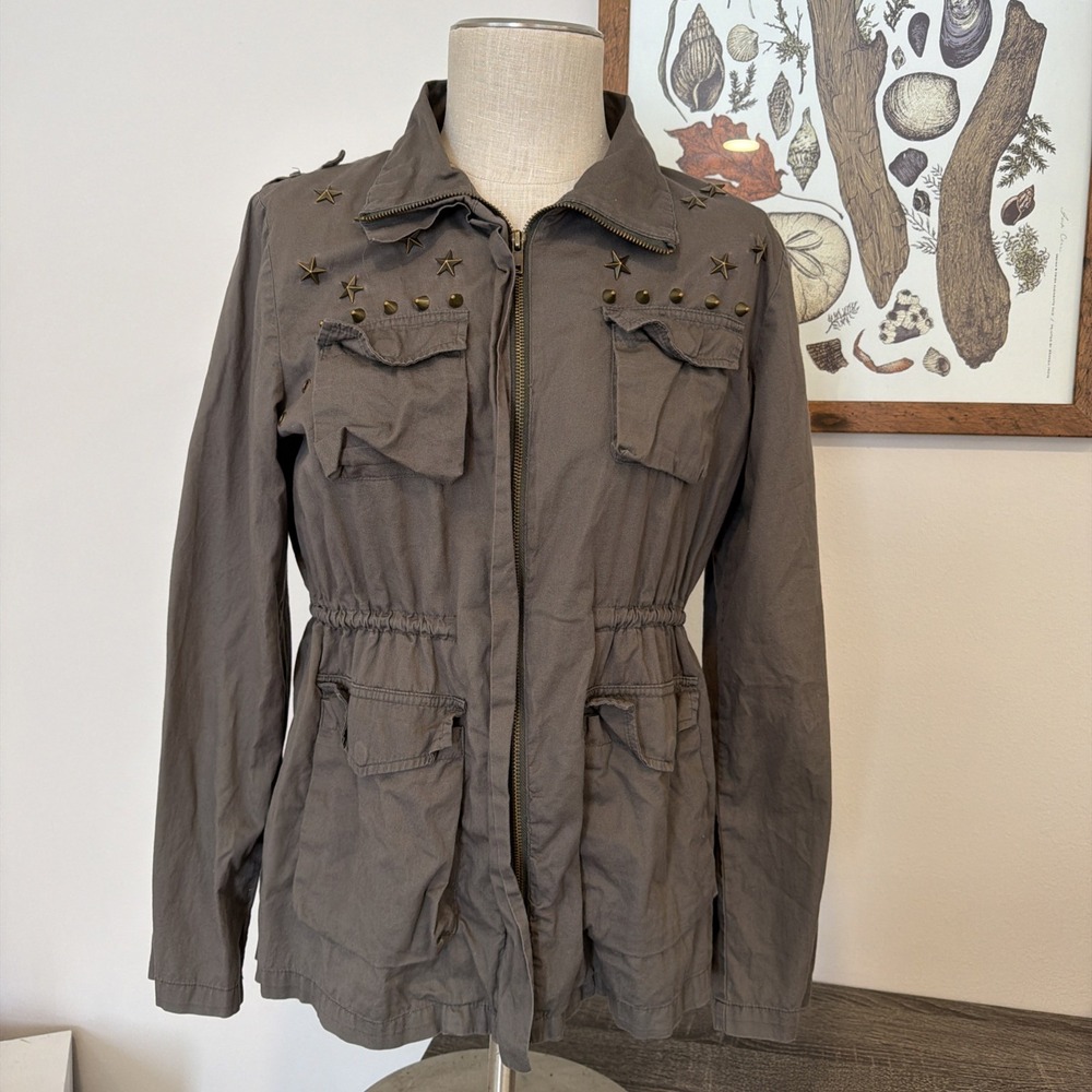 Iris Olive Green Star Studded and Pointed Studded Full Zip Up Utility Jacket Y2K